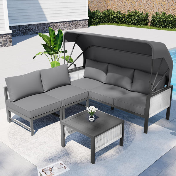 YODOLLA Aluminum Patio Furniture Sets, 4 Pieces Outdoor Sectionl Sofa with Retractable Canopy, Patio Conversation Set with Light Gray Cushions for Outdoor