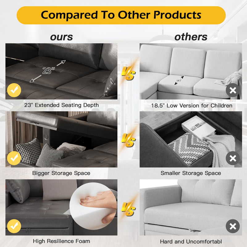 AECOJOY Sofa Bed, 3 in 1 Sleeper Sofa with Storage Chair, Faux Leather L Shape Couch, Sectional Pull Out Sofa Bed Mid Century Modern Couch for Living Room Clearance, Comfy Sleeper Couch in Black