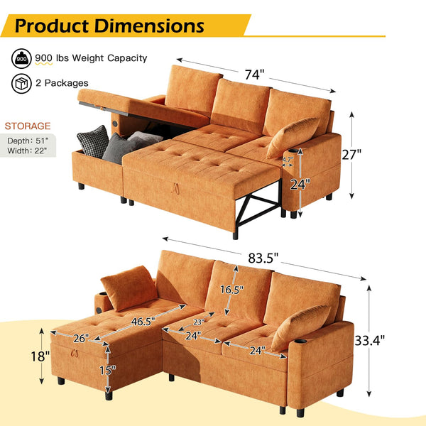 AECOJOY Sofa Bed, 3 in 1 Sleeper Sofa with Storage Chair, Faux Leather L Shape Couch, Sectional Pull Out Sofa Bed Mid Century Modern Couch for Living Room Clearance, Comfy Sleeper Couch in Orange