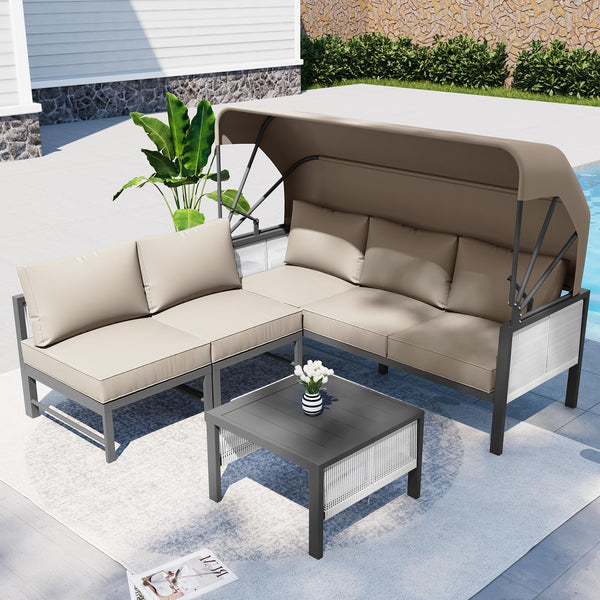 YODOLLA Aluminum Patio Furniture Sets, 4 Pieces Outdoor Sectionl Sofa with Retractable Canopy, Patio Conversation Set with Beige Cushions for Outdoor