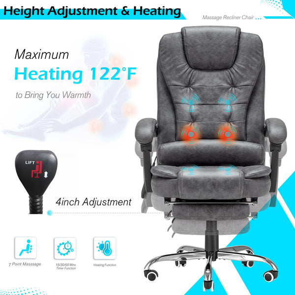 AECOJOY 7 Points Massage Executive Office Chair with Heat Function, Home Office Chair Reclining Desk Chair PU Leather Massage Office Chair w/Footrest, Grey