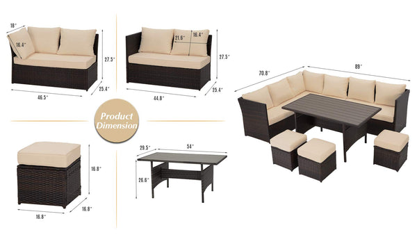AECOJOY 7 Piece Patio Furniture Set PE Rattan Outdoor Dining Set Sectional Sofa Couch with Table Patio Conversation Set in Beige
