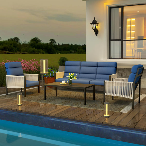 YODOLLA 4 Pieces Aluminum Outdoor Conversation Sets with Cushions, Dark Blue