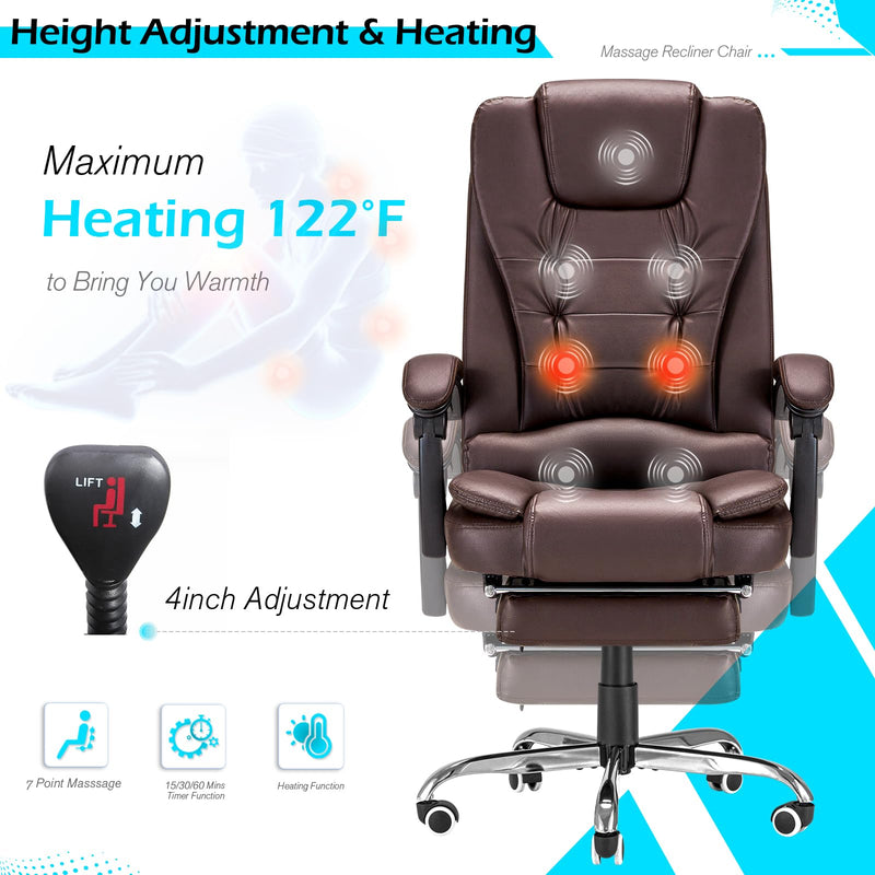 AECOJOY 7 Points Massage Office Chair with Heat Ergonomic Reclining Computer Chair High Back Desk Chair w/Retractable Footrest Ergonomic Leather Office Chair，Brown