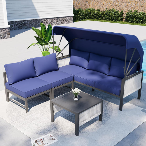 YODOLLA Aluminum Patio Furniture Sets, 4 Pieces Outdoor Sectionl Sofa with Retractable Canopy, Patio Conversation Set with Dark Blue Cushions for Outdoor