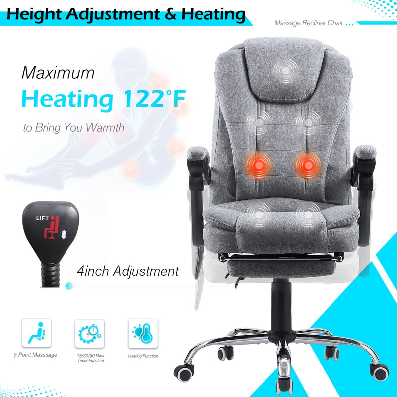 AECOJOY Ergonomic Office Chair with Heat &7 Points Massage High Back Desk Chair w/Retractable Footrest, Executive Swivel Fabric Reclining Chair for Office, Home, Study, Grey