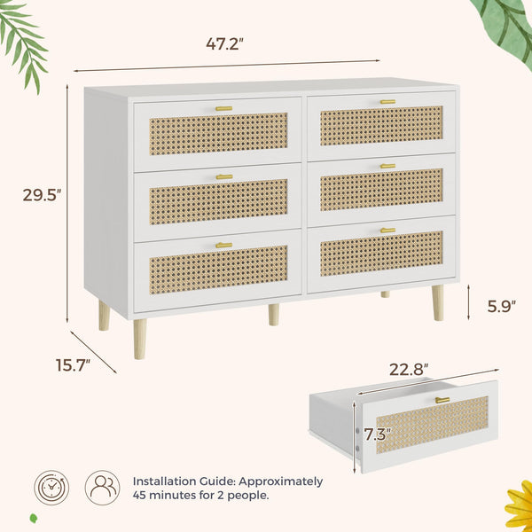 YODOLLA Wood Dresser, 6 Drawer Double Rattan Dresser, Moisture-Resistant Wide Storage Dresser with Chest of Drawers, Ideal for Bedroom, Living Room, and Hallway, White