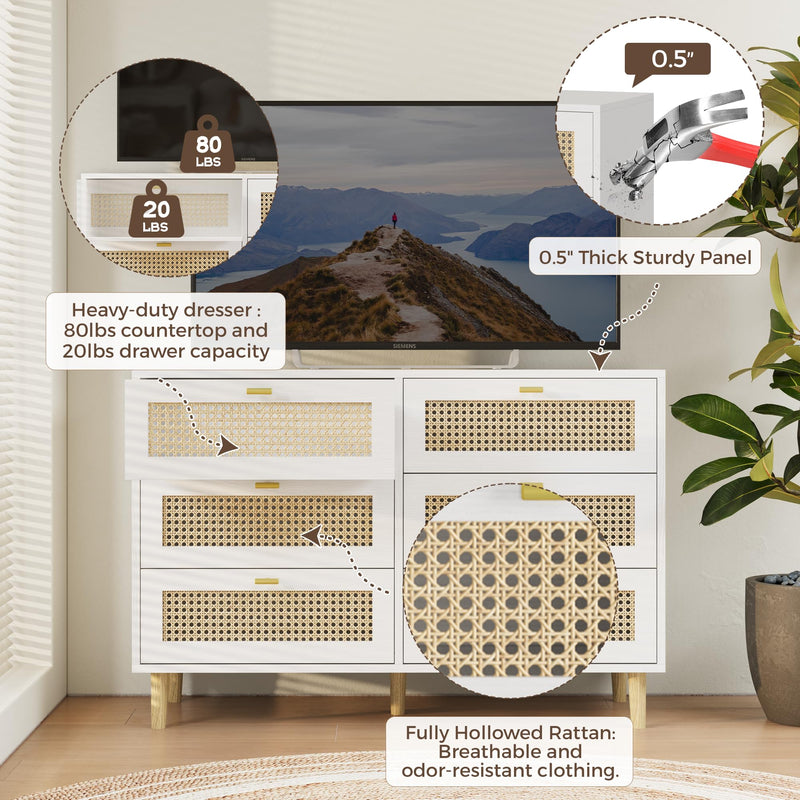 YODOLLA Wood Dresser, 6 Drawer Double Rattan Dresser, Moisture-Resistant Wide Storage Dresser with Chest of Drawers, Ideal for Bedroom, Living Room, and Hallway, White