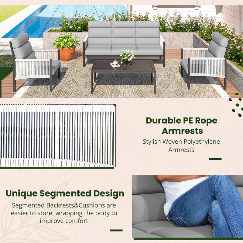 YODOLLA 4 Pieces Aluminum Outdoor Conversation Sets with Cushions, Light Gray