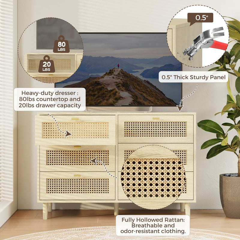 YODOLLA Wood Dresser, 6 Drawer Double Natural Rattan Dresser, Moisture-Resistant Wide Storage Dresser with Chest of Drawers, Ideal for Bedroom, Living Room, and Hallway