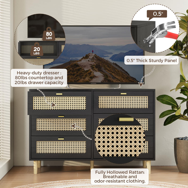 YODOLLA Wood Dresser, 6 Drawer Double Rattan Dresser, Moisture-Resistant Wide Storage Dresser with Chest of Drawers, Ideal for Bedroom, Living Room, and Hallway, Black