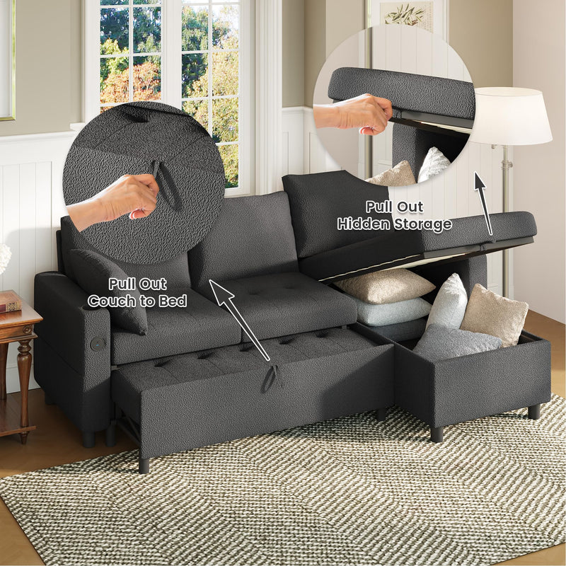 AECOJOY Teddy Velvet L Shaped Sofa, L Shape Couch, Pull Out Bed with USB and Cup Holder, Storage Sofa Cama, Queen Sofa Bed, Sleeper Sofa Couch for Living Room, Sofa Bed Couch in Black