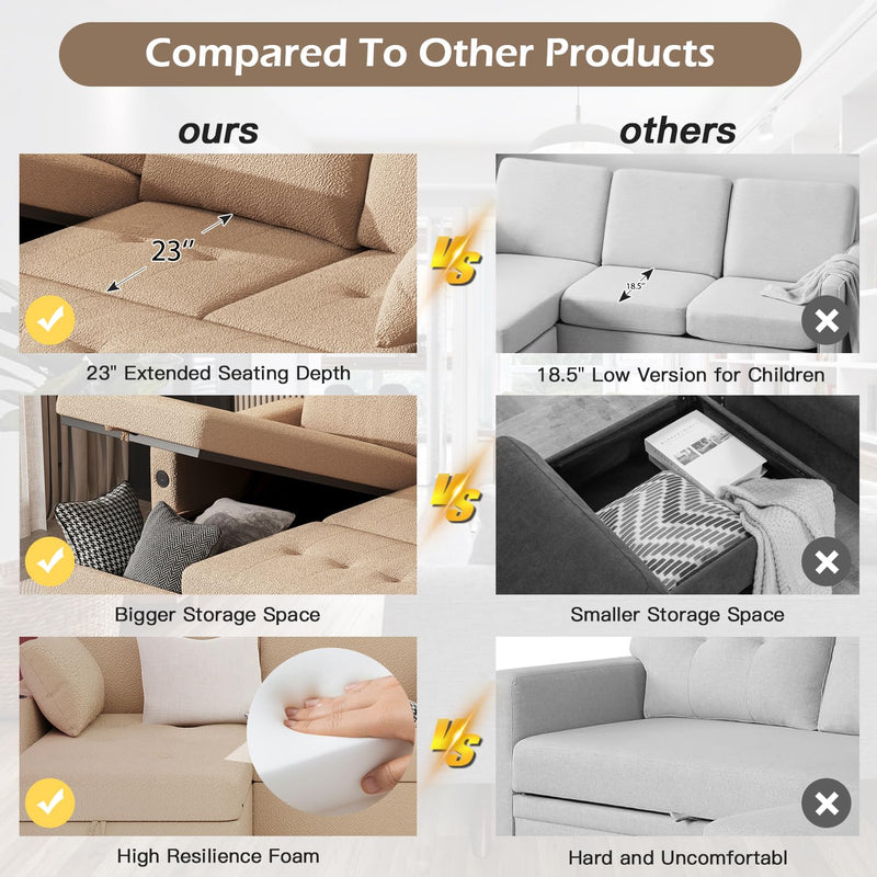 AECOJOY Teddy Velvet L Shaped Sofa, L Shape Couch, Pull Out Bed with USB and Cup Holder, Storage Sofa Cama, Queen Sofa Bed, Sleeper Sofa Couch for Living Room, Sofa Bed Couch in Beige
