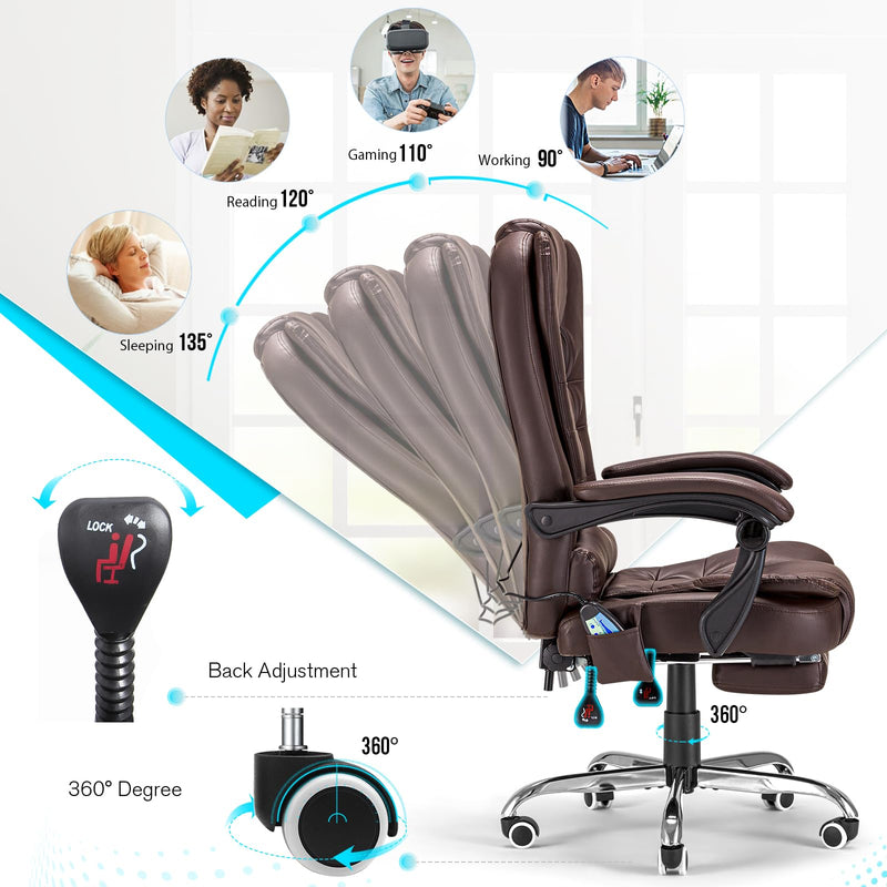 AECOJOY 7 Points Massage Office Chair with Heat Ergonomic Reclining Computer Chair High Back Desk Chair w/Retractable Footrest Ergonomic Leather Office Chair，Brown