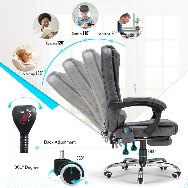 AECOJOY 7 Points Massage Executive Office Chair with Heat Function, Home Office Chair Reclining Desk Chair PU Leather Massage Office Chair w/Footrest, Grey