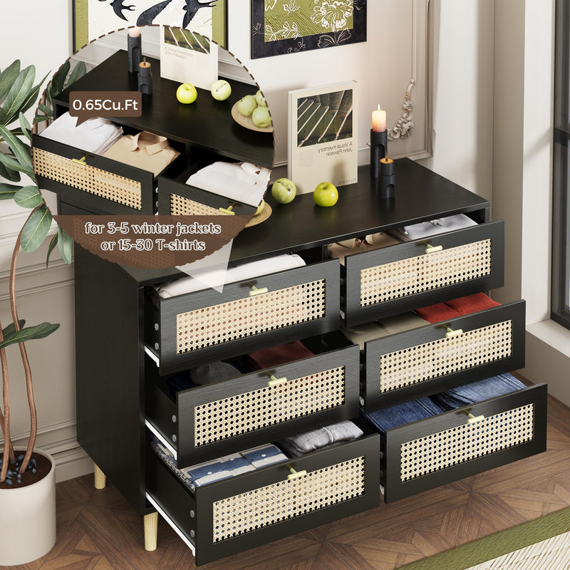 YODOLLA Wood Dresser, 6 Drawer Double Rattan Dresser, Moisture-Resistant Wide Storage Dresser with Chest of Drawers, Ideal for Bedroom, Living Room, and Hallway, Black