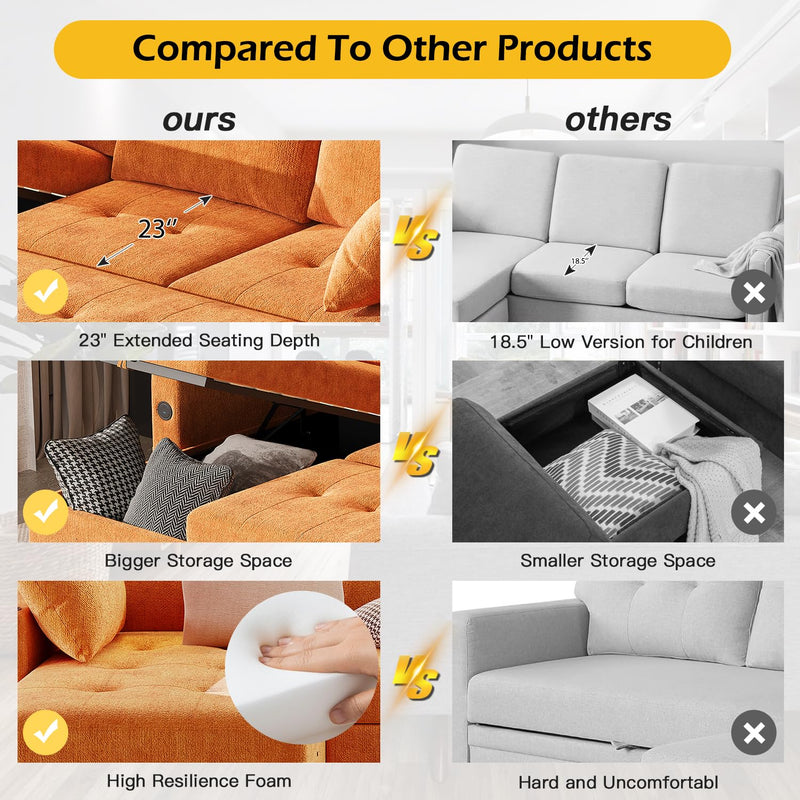 AECOJOY Sofa Bed, 3 in 1 Sleeper Sofa with Storage Chair, Faux Leather L Shape Couch, Sectional Pull Out Sofa Bed Mid Century Modern Couch for Living Room Clearance, Comfy Sleeper Couch in Orange