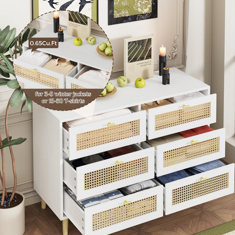 YODOLLA Wood Dresser, 6 Drawer Double Rattan Dresser, Moisture-Resistant Wide Storage Dresser with Chest of Drawers, Ideal for Bedroom, Living Room, and Hallway, White