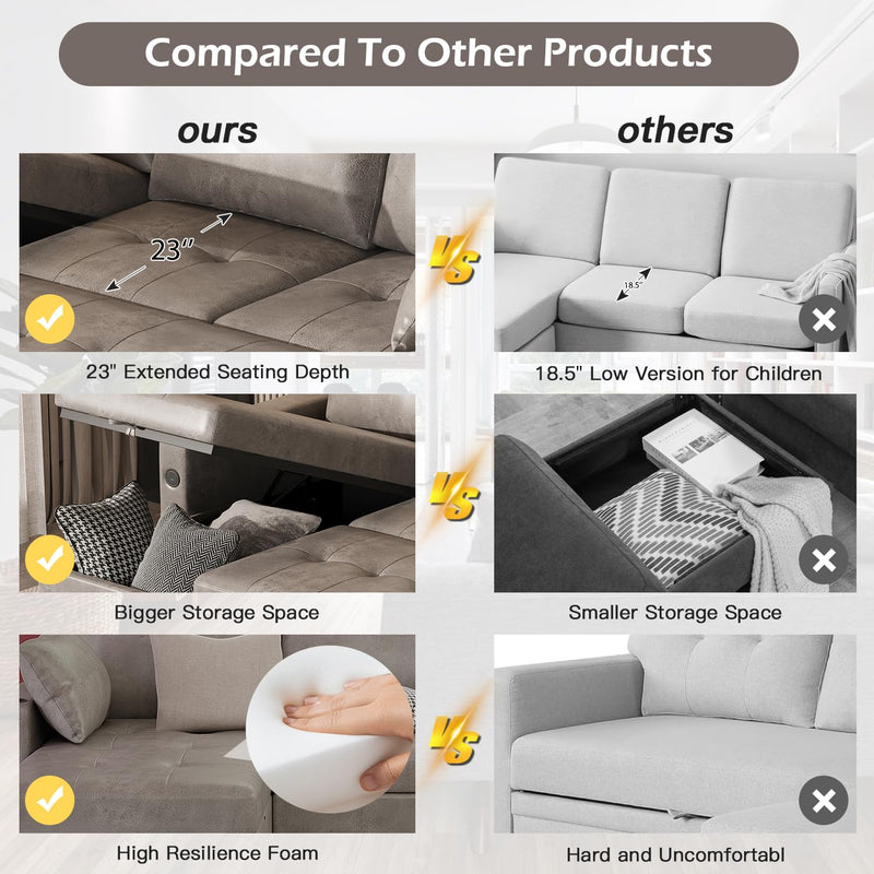 AECOJOY Sofa Bed, 3 in 1 Sleeper Sofa with Storage Chair, Faux Leather L Shape Couch, Sectional Pull Out Sofa Bed Mid Century Modern Couch for Living Room Clearance, Comfy Sleeper Couch in Grey
