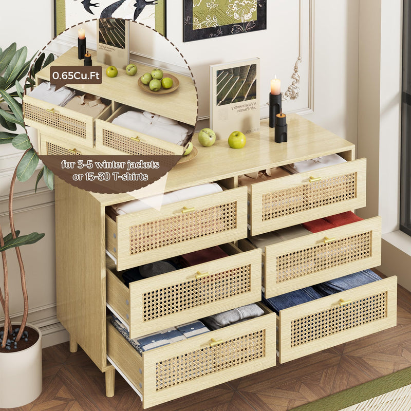 YODOLLA Wood Dresser, 6 Drawer Double Natural Rattan Dresser, Moisture-Resistant Wide Storage Dresser with Chest of Drawers, Ideal for Bedroom, Living Room, and Hallway