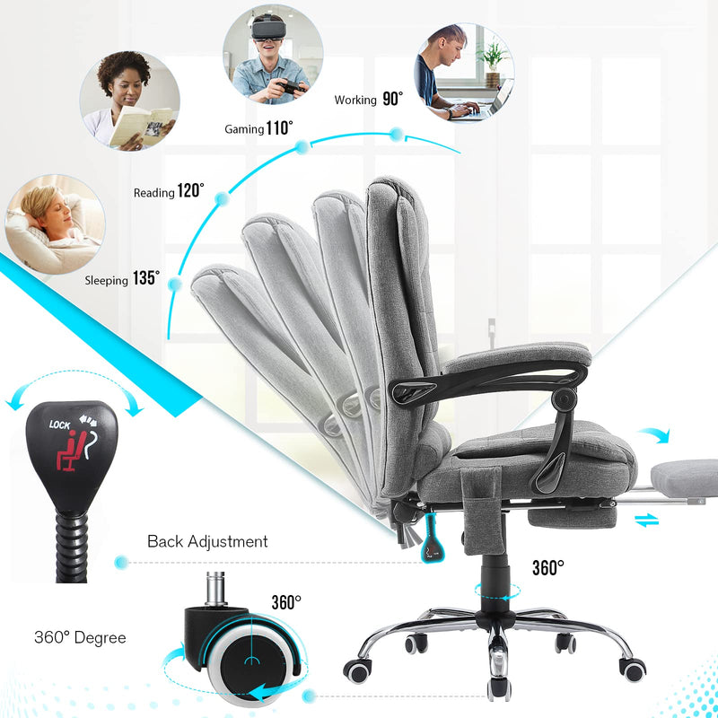 AECOJOY Ergonomic Office Chair with Heat &7 Points Massage High Back Desk Chair w/Retractable Footrest, Executive Swivel Fabric Reclining Chair for Office, Home, Study, Grey