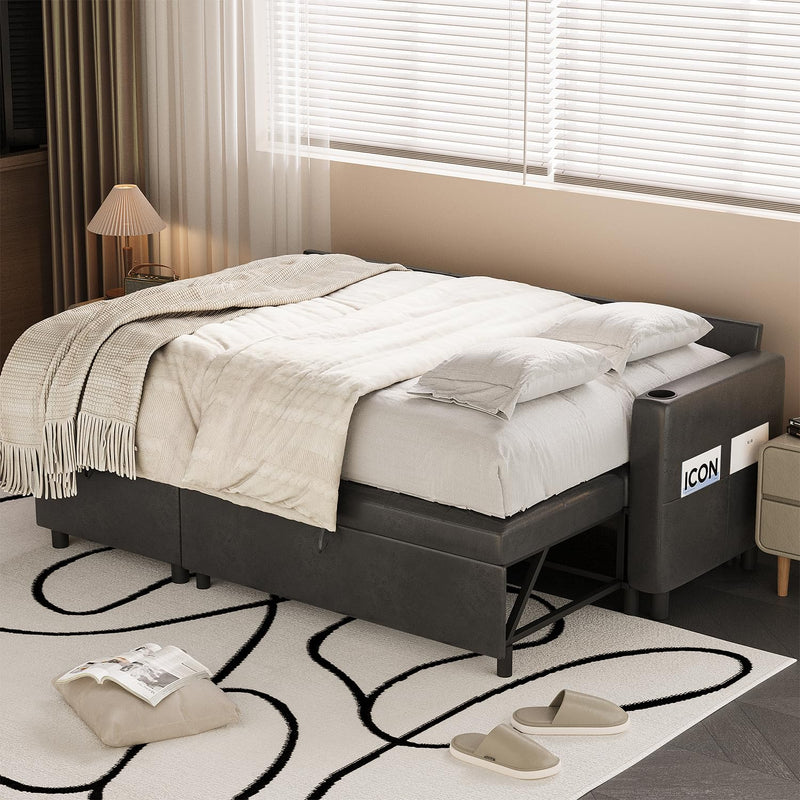 AECOJOY Sofa Bed, 3 in 1 Sleeper Sofa with Storage Chair, Faux Leather L Shape Couch, Sectional Pull Out Sofa Bed Mid Century Modern Couch for Living Room Clearance, Comfy Sleeper Couch in Black