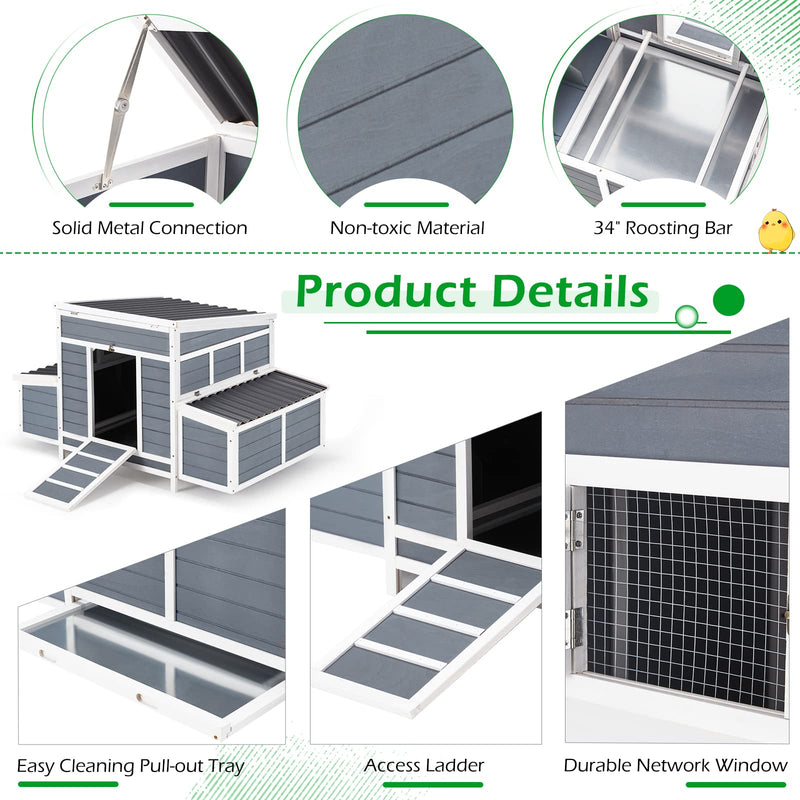 AECOJOY Chicken Coop 56" Large Wooden Chicken Hutch with 6 Nesting Boxes Outdoor Hen House Chicken Cage w/Ramps, Removable Tray for Easy Cleaning