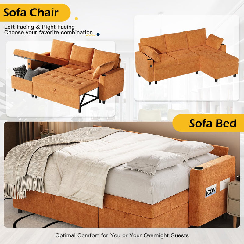 AECOJOY Sofa Bed, 3 in 1 Sleeper Sofa with Storage Chair, Faux Leather L Shape Couch, Sectional Pull Out Sofa Bed Mid Century Modern Couch for Living Room Clearance, Comfy Sleeper Couch in Orange