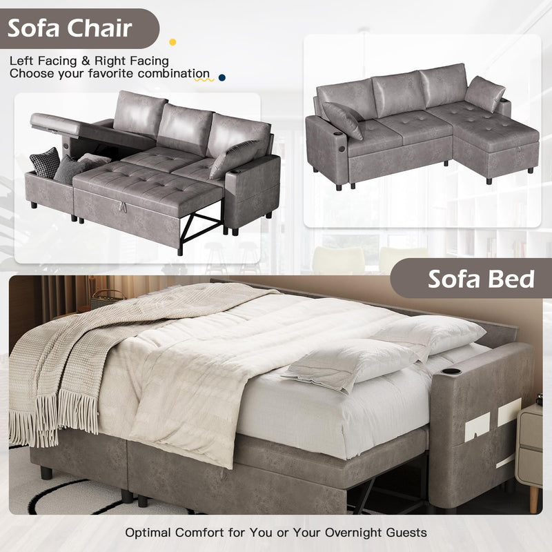 AECOJOY Sofa Bed, 3 in 1 Sleeper Sofa with Storage Chair, Faux Leather L Shape Couch, Sectional Pull Out Sofa Bed Mid Century Modern Couch for Living Room Clearance, Comfy Sleeper Couch in Grey