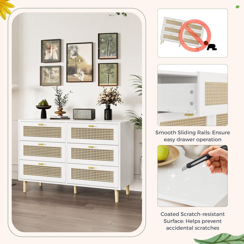 YODOLLA Wood Dresser, 6 Drawer Double Rattan Dresser, Moisture-Resistant Wide Storage Dresser with Chest of Drawers, Ideal for Bedroom, Living Room, and Hallway, White