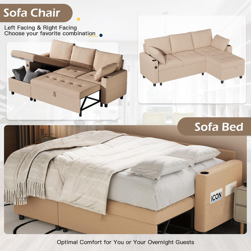 AECOJOY Teddy Velvet L Shaped Sofa, L Shape Couch, Pull Out Bed with USB and Cup Holder, Storage Sofa Cama, Queen Sofa Bed, Sleeper Sofa Couch for Living Room, Sofa Bed Couch in Beige