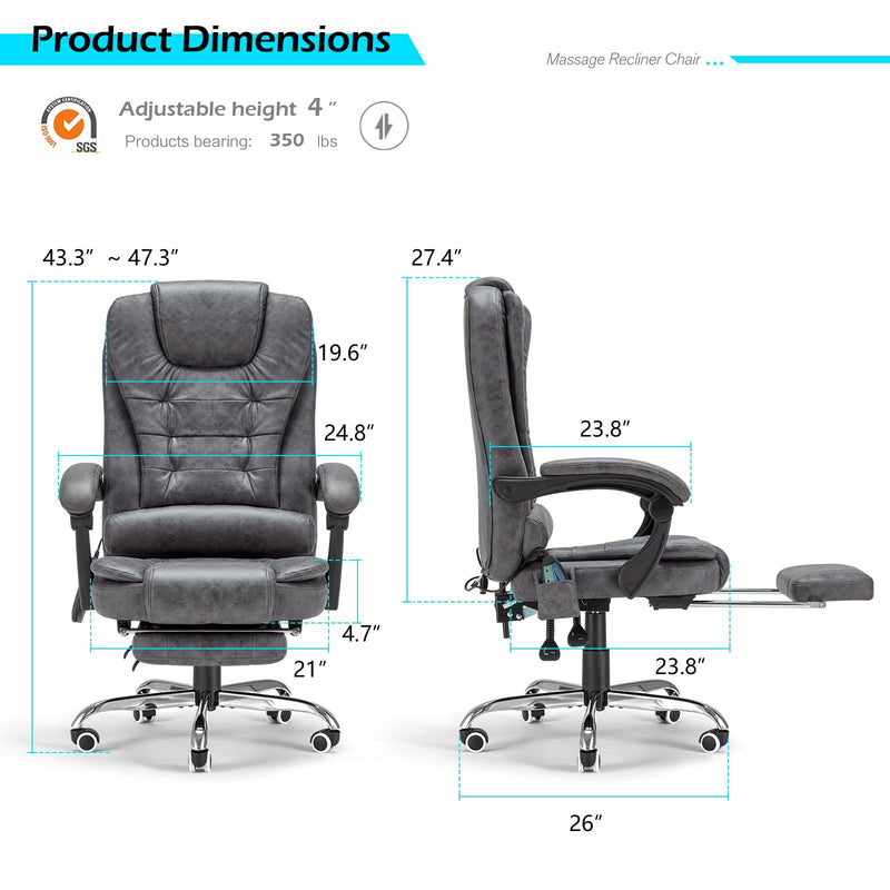 AECOJOY 7 Points Massage Executive Office Chair with Heat Function, Home Office Chair Reclining Desk Chair PU Leather Massage Office Chair w/Footrest, Grey