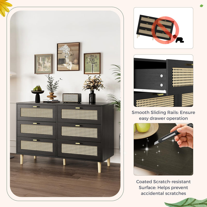 YODOLLA Wood Dresser, 6 Drawer Double Rattan Dresser, Moisture-Resistant Wide Storage Dresser with Chest of Drawers, Ideal for Bedroom, Living Room, and Hallway, Black