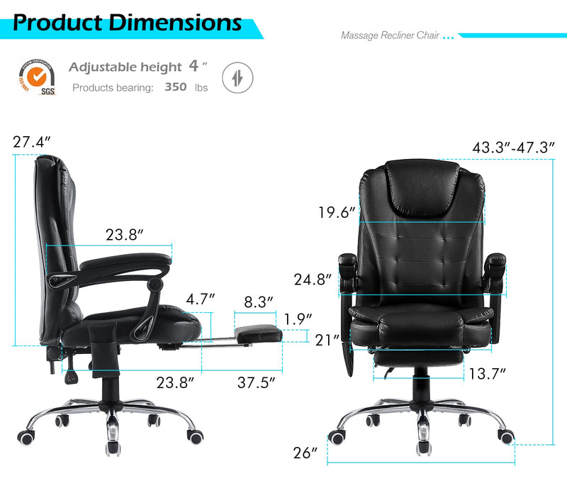 AECOJOY Ergonomic Reclining Office Chair, Heat & Massage High Back Desk Chair w/Retractable Footrest, Executive Swivel Leather Chair for Office, Home, Study, Black