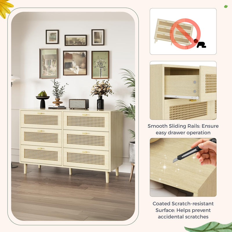 YODOLLA Wood Dresser, 6 Drawer Double Natural Rattan Dresser, Moisture-Resistant Wide Storage Dresser with Chest of Drawers, Ideal for Bedroom, Living Room, and Hallway