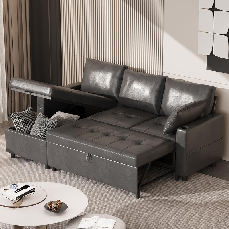 AECOJOY Sofa Bed, 3 in 1 Sleeper Sofa with Storage Chair, Faux Leather L Shape Couch, Sectional Pull Out Sofa Bed Mid Century Modern Couch for Living Room Clearance, Comfy Sleeper Couch in Black