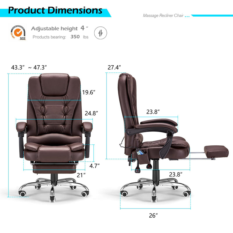 AECOJOY 7 Points Massage Office Chair with Heat Ergonomic Reclining Computer Chair High Back Desk Chair w/Retractable Footrest Ergonomic Leather Office Chair，Brown