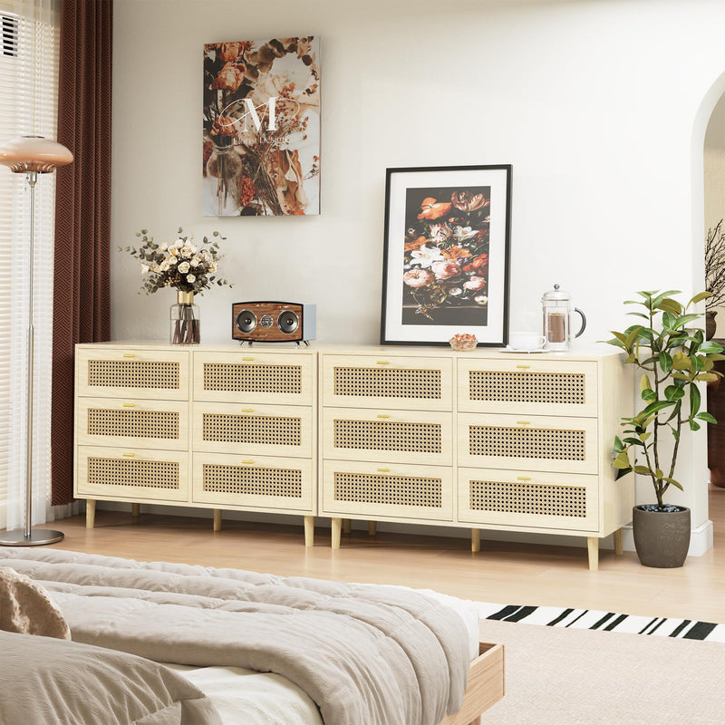 YODOLLA Wood Dresser, 6 Drawer Double Natural Rattan Dresser, Moisture-Resistant Wide Storage Dresser with Chest of Drawers, Ideal for Bedroom, Living Room, and Hallway