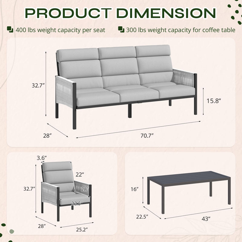 YODOLLA 4 Pieces Aluminum Outdoor Conversation Sets with Cushions, Light Gray