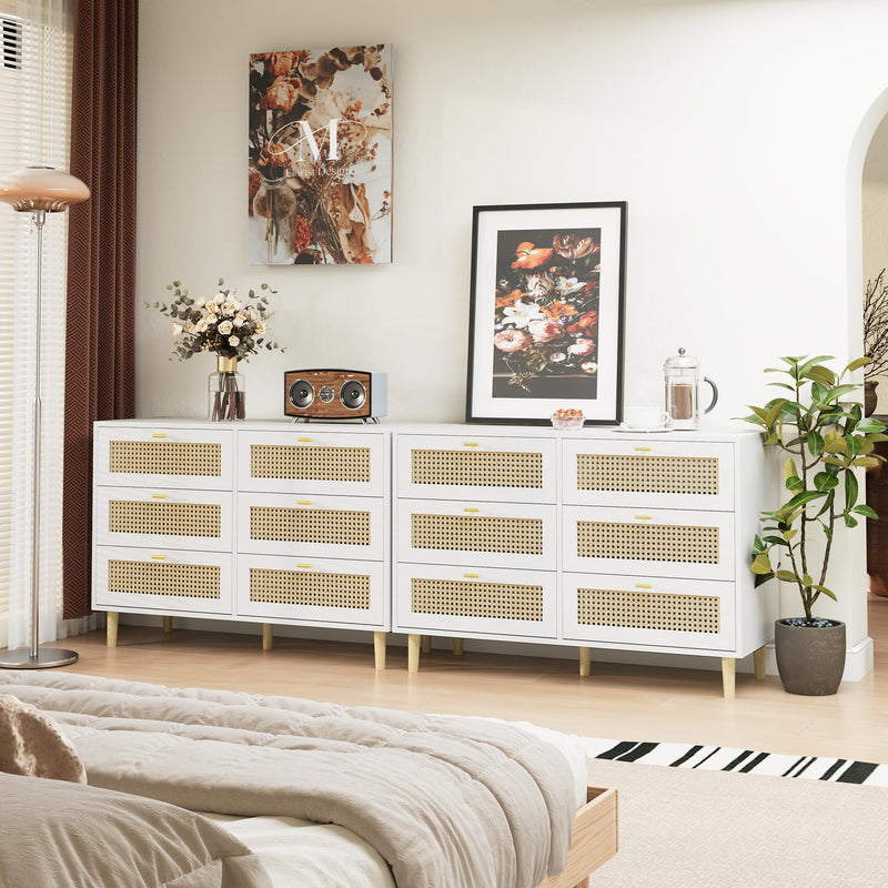 YODOLLA Wood Dresser, 6 Drawer Double Rattan Dresser, Moisture-Resistant Wide Storage Dresser with Chest of Drawers, Ideal for Bedroom, Living Room, and Hallway, White