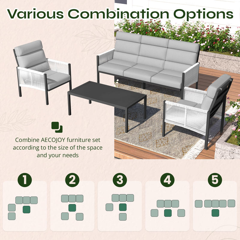 YODOLLA 4 Pieces Aluminum Outdoor Conversation Sets with Cushions, Light Gray