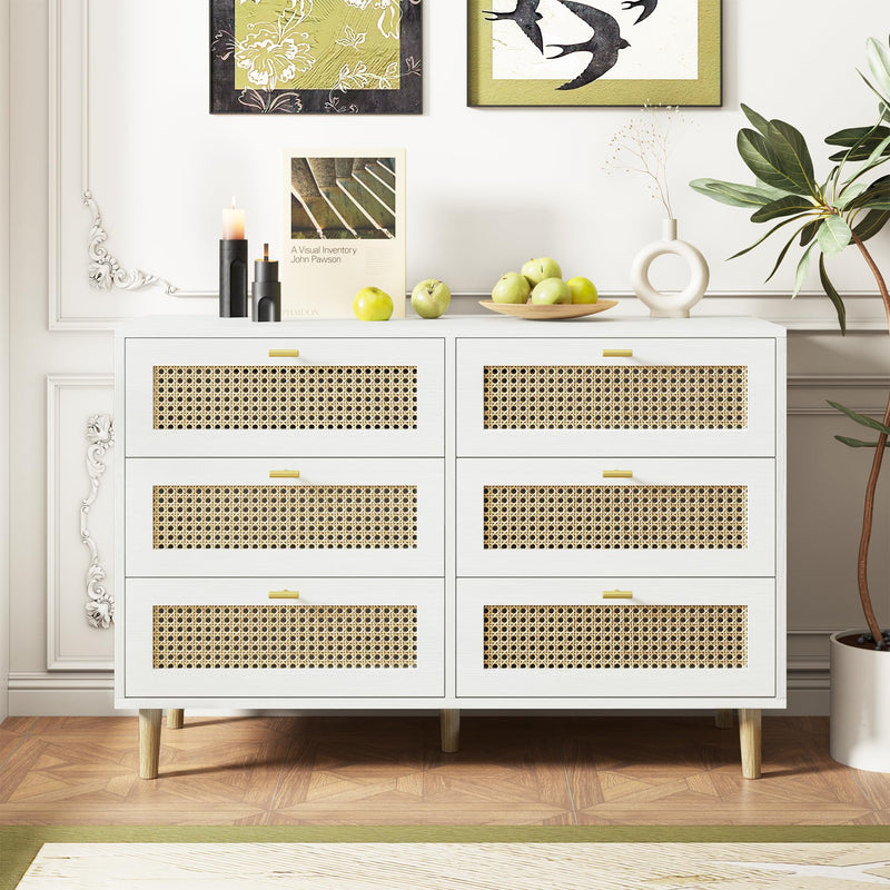 YODOLLA Wood Dresser, 6 Drawer Double Rattan Dresser, Moisture-Resistant Wide Storage Dresser with Chest of Drawers, Ideal for Bedroom, Living Room, and Hallway, White