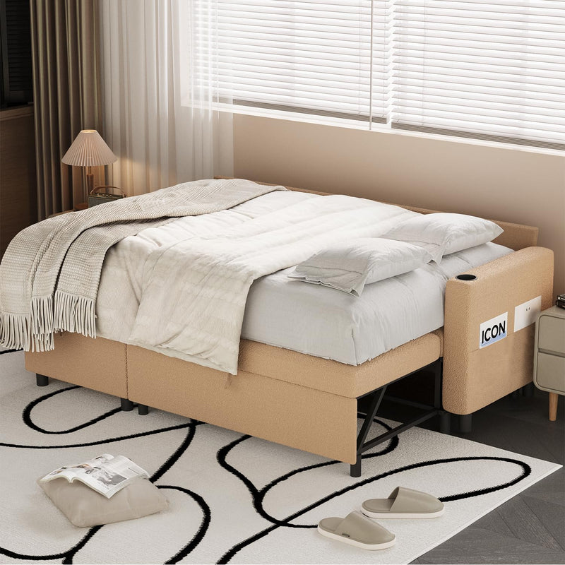 AECOJOY Teddy Velvet L Shaped Sofa, L Shape Couch, Pull Out Bed with USB and Cup Holder, Storage Sofa Cama, Queen Sofa Bed, Sleeper Sofa Couch for Living Room, Sofa Bed Couch in Beige