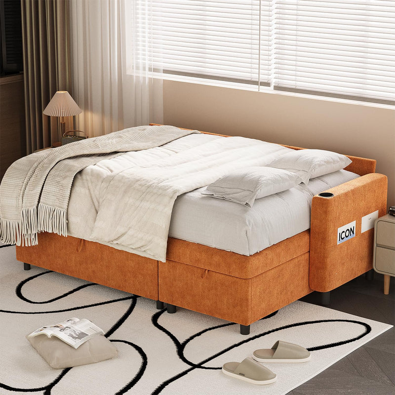 AECOJOY Sofa Bed, 3 in 1 Sleeper Sofa with Storage Chair, Faux Leather L Shape Couch, Sectional Pull Out Sofa Bed Mid Century Modern Couch for Living Room Clearance, Comfy Sleeper Couch in Orange