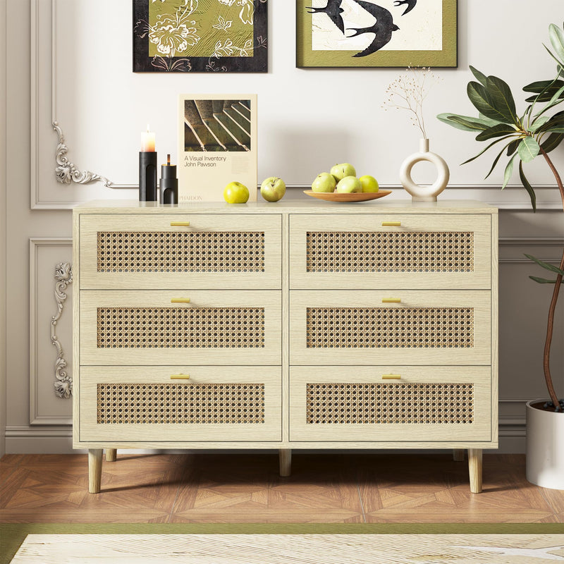 YODOLLA Wood Dresser, 6 Drawer Double Natural Rattan Dresser, Moisture-Resistant Wide Storage Dresser with Chest of Drawers, Ideal for Bedroom, Living Room, and Hallway