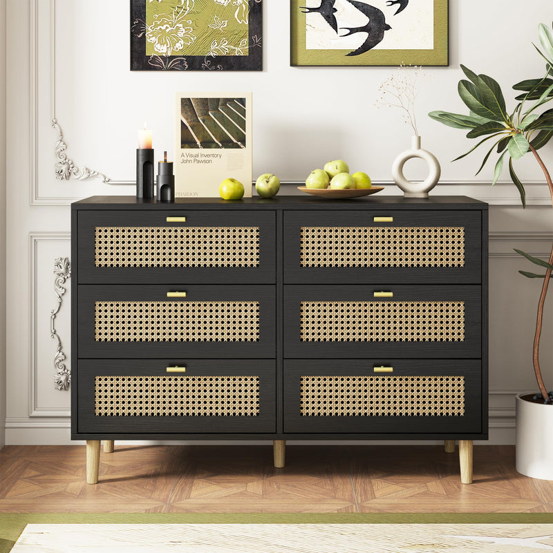 YODOLLA Wood Dresser, 6 Drawer Double Rattan Dresser, Moisture-Resistant Wide Storage Dresser with Chest of Drawers, Ideal for Bedroom, Living Room, and Hallway, Black