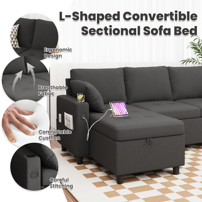 AECOJOY Teddy Velvet L Shaped Sofa, L Shape Couch, Pull Out Bed with USB and Cup Holder, Storage Sofa Cama, Queen Sofa Bed, Sleeper Sofa Couch for Living Room, Sofa Bed Couch in Black