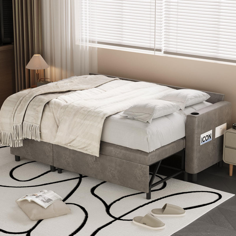 AECOJOY Sofa Bed, 3 in 1 Sleeper Sofa with Storage Chair, Faux Leather L Shape Couch, Sectional Pull Out Sofa Bed Mid Century Modern Couch for Living Room Clearance, Comfy Sleeper Couch in Grey