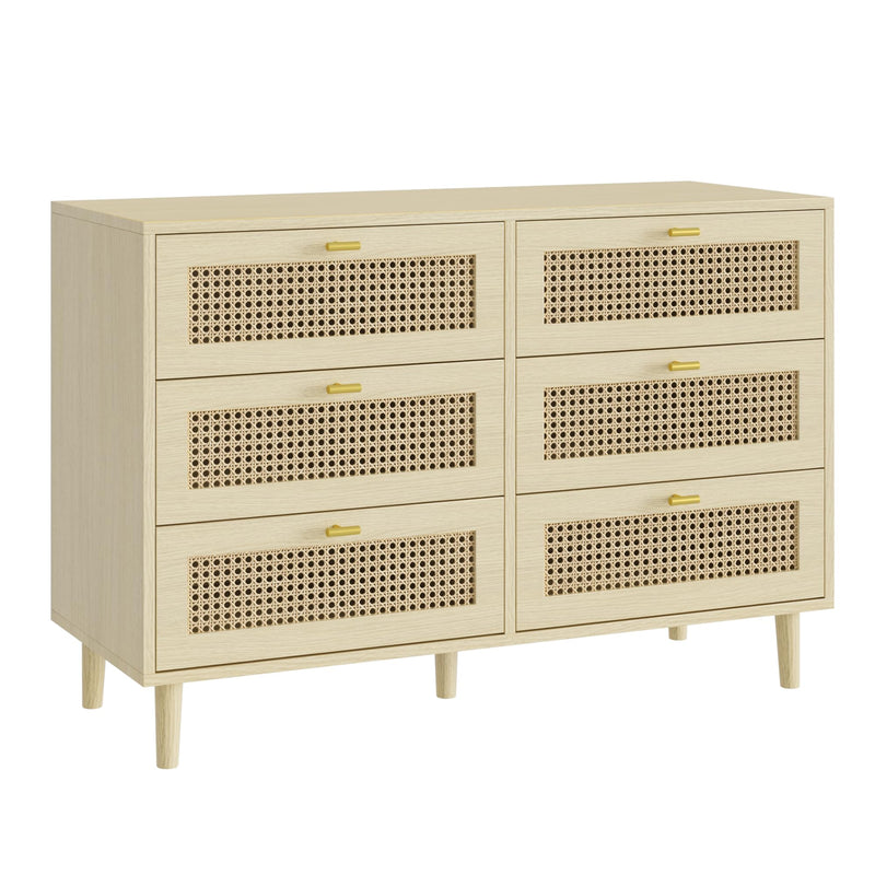 YODOLLA Wood Dresser, 6 Drawer Double Natural Rattan Dresser, Moisture-Resistant Wide Storage Dresser with Chest of Drawers, Ideal for Bedroom, Living Room, and Hallway