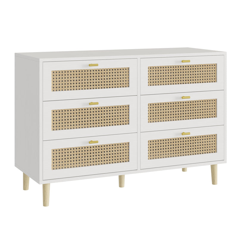YODOLLA Wood Dresser, 6 Drawer Double Rattan Dresser, Moisture-Resistant Wide Storage Dresser with Chest of Drawers, Ideal for Bedroom, Living Room, and Hallway, White